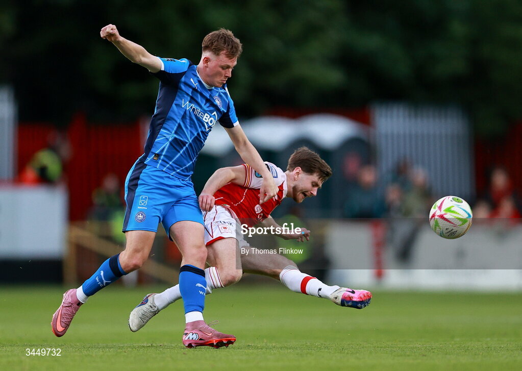 8 May 2026; Barry Baggley of St Patrick's Athletic in action against Conan Noonan of Waterford during the SSE Airtricity Men’s Premier Division match between St Patrick's Athletic and Waterford at Richmond Park in Dublin. Photo by Thomas Flinkow/Sportsfile
