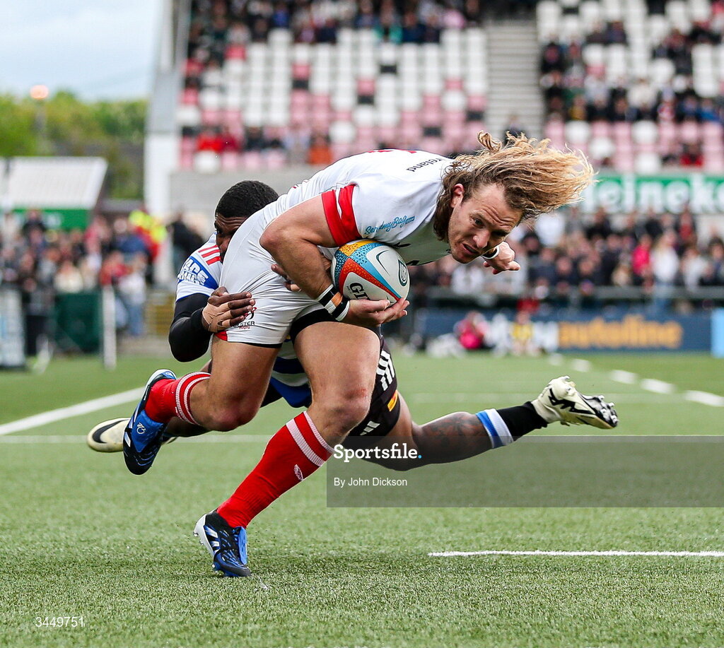 8 May 2026; Werner Kok of Ulster scores his side's second try despite a tackle from Leolin Zas of Stormers during the United Rugby Championship match between Ulster and DHL Stormers at Affidea Stadium in Belfast. Photo by John Dickson/Sportsfile