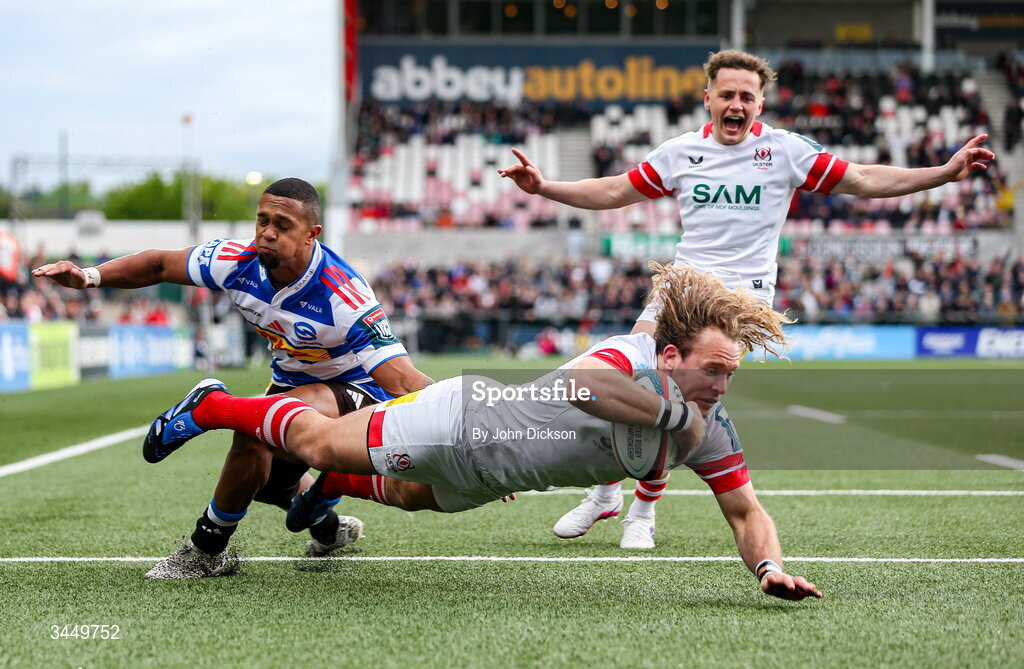 8 May 2026; Werner Kok of Ulster scores his side's second try despite a tackle from Leolin Zas of Stormers during the United Rugby Championship match between Ulster and DHL Stormers at Affidea Stadium in Belfast. Photo by John Dickson/Sportsfile