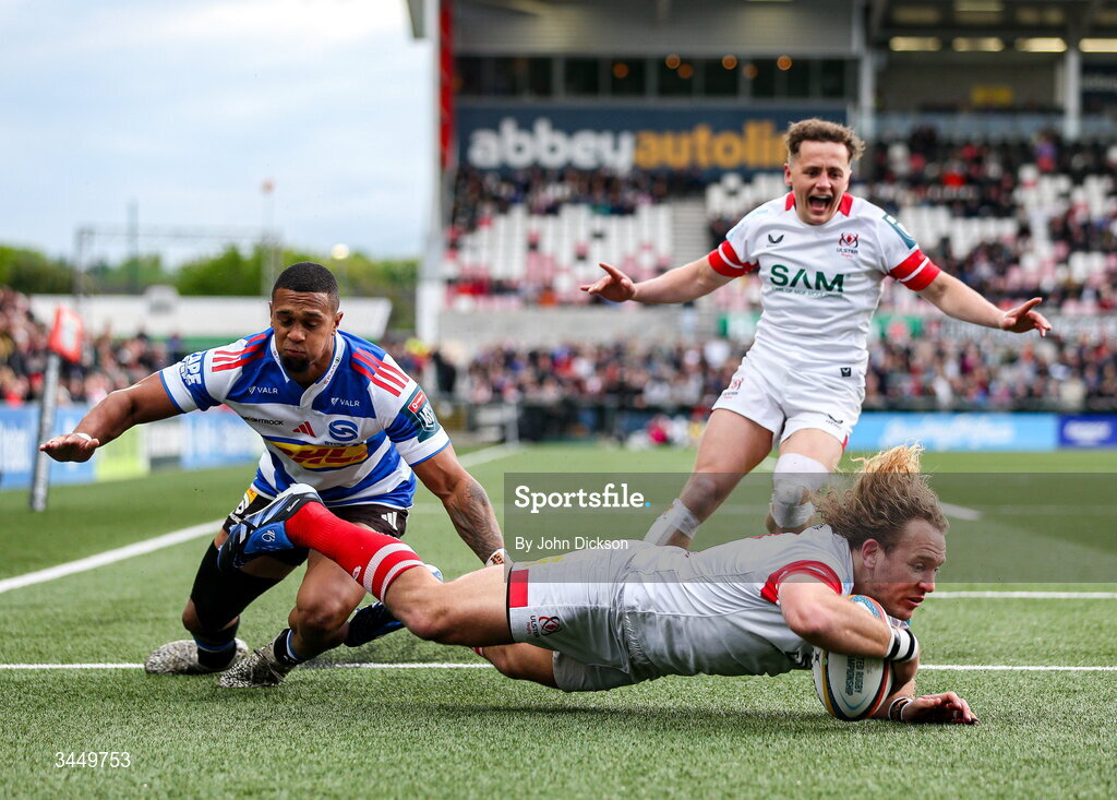 8 May 2026; Werner Kok of Ulster scores his side's second try despite a tackle from Leolin Zas of Stormers during the United Rugby Championship match between Ulster and DHL Stormers at Affidea Stadium in Belfast. Photo by John Dickson/Sportsfile