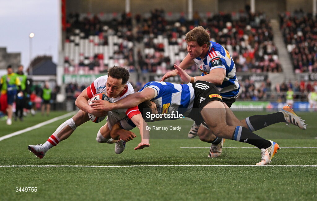 8 May 2026; Michael Lowry of Ulster scores his side's fourth try during the United Rugby Championship match between Ulster and DHL Stormers at Affidea Stadium in Belfast. Photo by Ramsey Cardy/Sportsfile