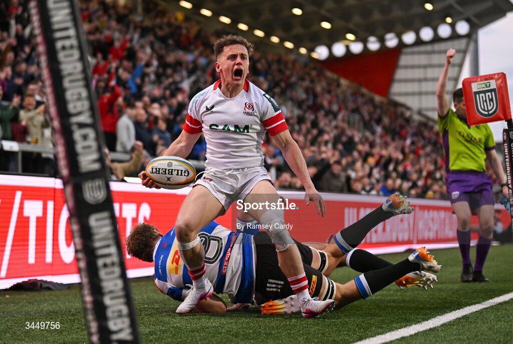 8 May 2026; Michael Lowry of Ulster celebrates after scoring his side's fourth try during the United Rugby Championship match between Ulster and DHL Stormers at Affidea Stadium in Belfast. Photo by Ramsey Cardy/Sportsfile