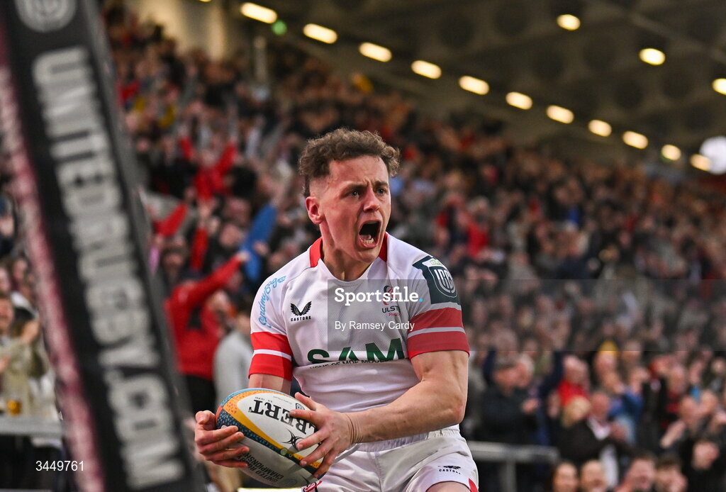 8 May 2026; Michael Lowry of Ulster celebrates after scoring his side's fourth try during the United Rugby Championship match between Ulster and DHL Stormers at Affidea Stadium in Belfast. Photo by Ramsey Cardy/Sportsfile