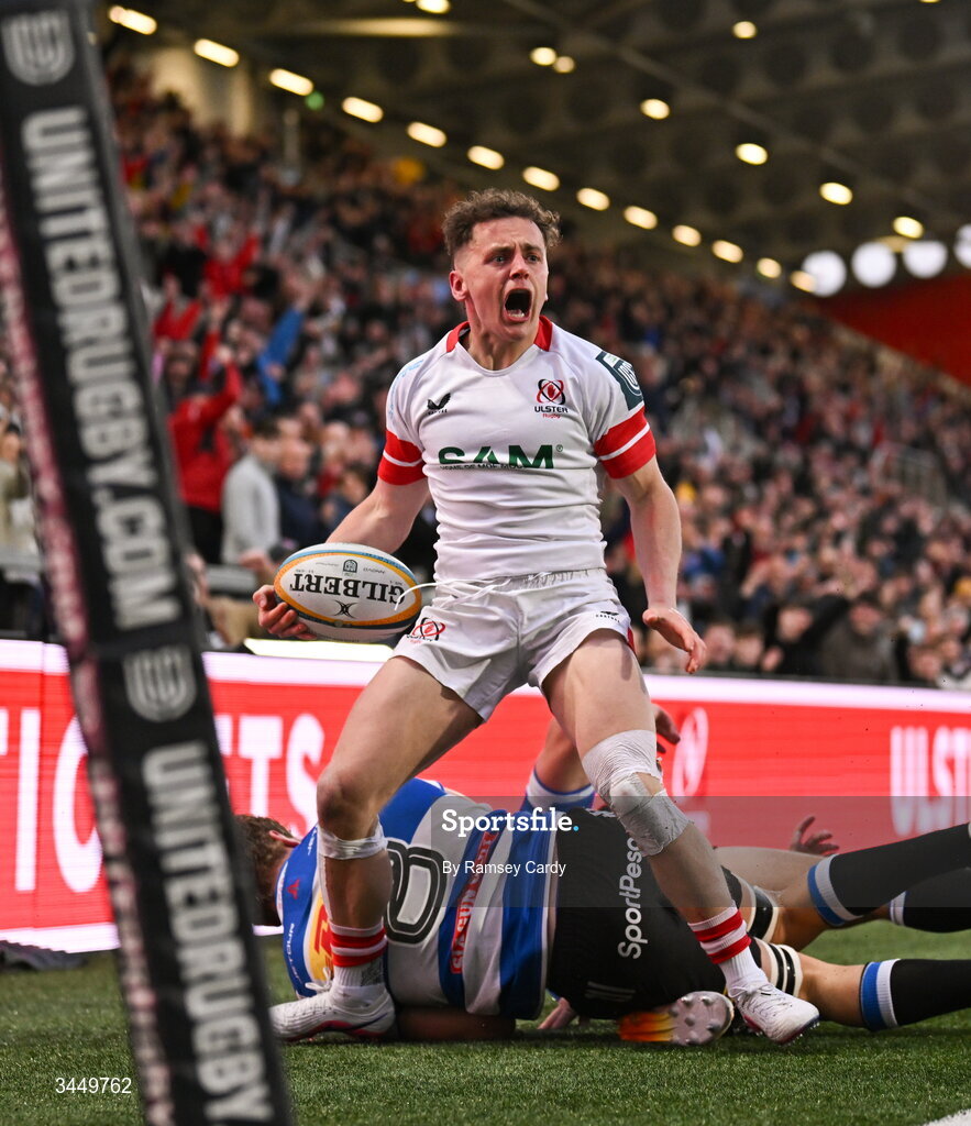 8 May 2026; Michael Lowry of Ulster celebrates after scoring his side's fourth try during the United Rugby Championship match between Ulster and DHL Stormers at Affidea Stadium in Belfast. Photo by Ramsey Cardy/Sportsfile