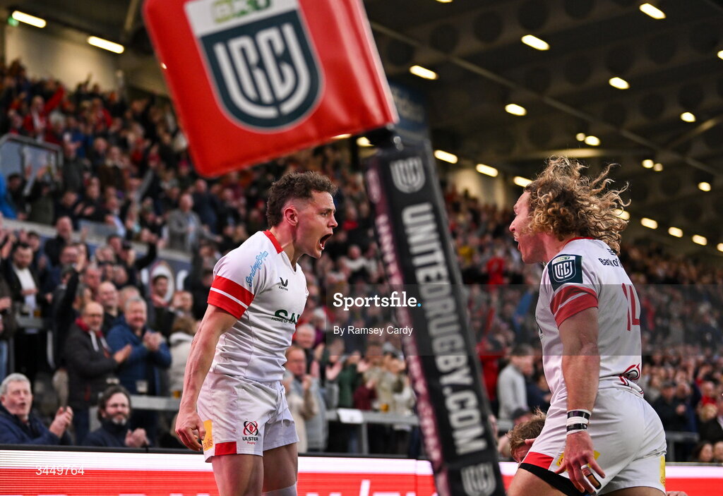 8 May 2026; Michael Lowry of Ulster celebrates with Werner Kok, right, after scoring their side's fourth try during the United Rugby Championship match between Ulster and DHL Stormers at Affidea Stadium in Belfast. Photo by Ramsey Cardy/Sportsfile