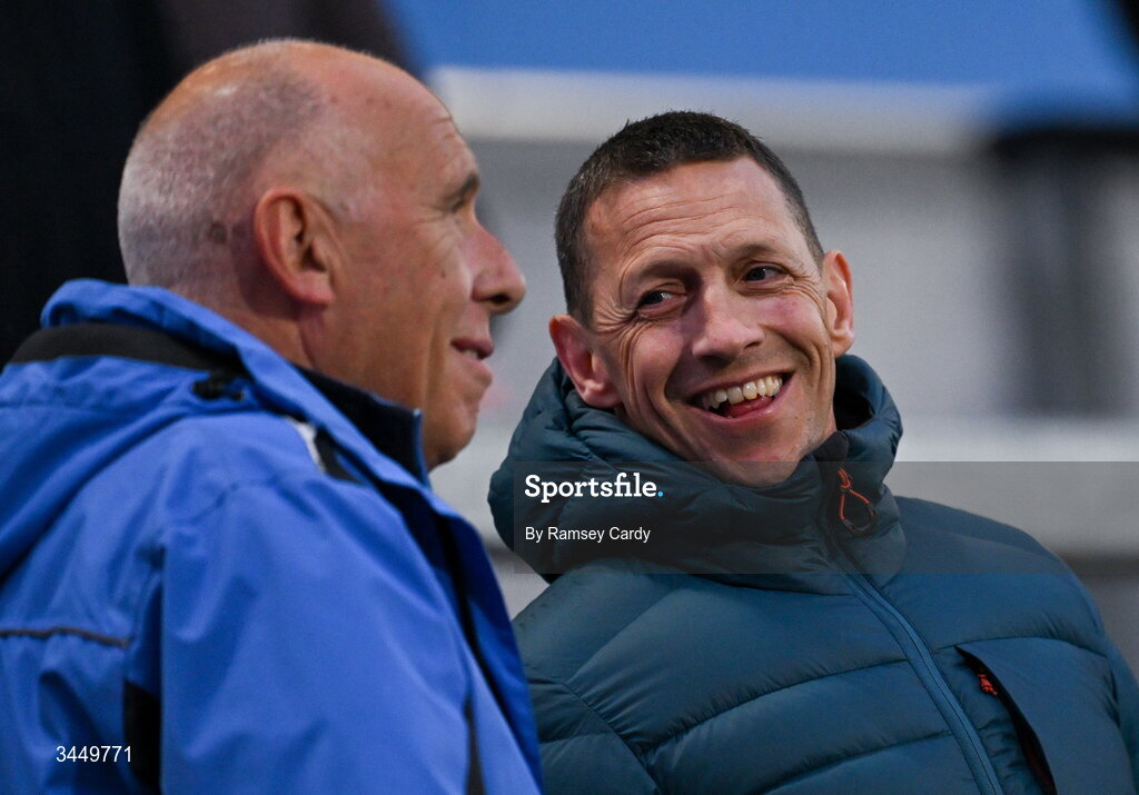 8 May 2026; Ireland women's head coach Scott Bemand, right, during the United Rugby Championship match between Ulster and DHL Stormers at Affidea Stadium in Belfast. Photo by Ramsey Cardy/Sportsfile
