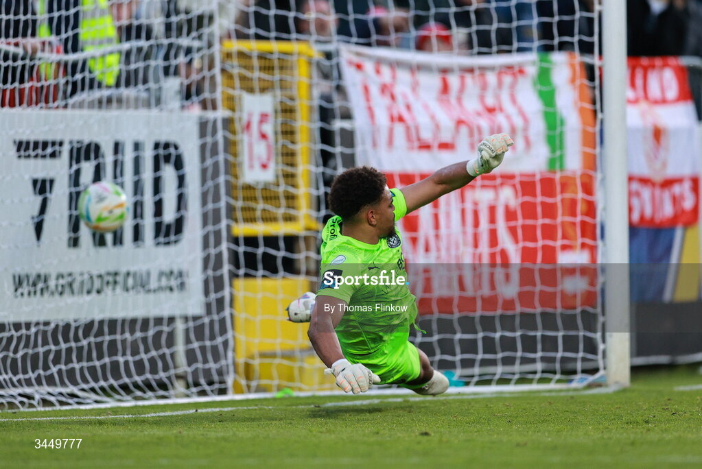 8 May 2026; Waterford goalkeeper Arlo Doherty is beaten by a penalty from Chris Forrester of St Patrick's Athletic during the SSE Airtricity Men’s Premier Division match between St Patrick's Athletic and Waterford at Richmond Park in Dublin. Photo by Thomas Flinkow/Sportsfile