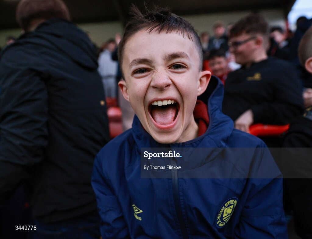 8 May 2026; A St Patrick's Athletic supporter celebrates his side's first goal during the SSE Airtricity Men’s Premier Division match between St Patrick's Athletic and Waterford at Richmond Park in Dublin. Photo by Thomas Flinkow/Sportsfile