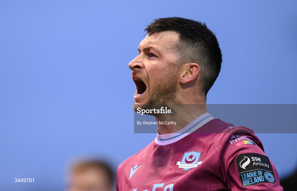 8 May 2026; Ryan Brennan of Drogheda United celebrates after scoring his side's first goal during the SSE Airtricity Men’s Premier Division match between Drogheda United and Derry City at Sullivan & Lambe Park in Drogheda, Louth. Photo by Stephen McCarthy/Sportsfile