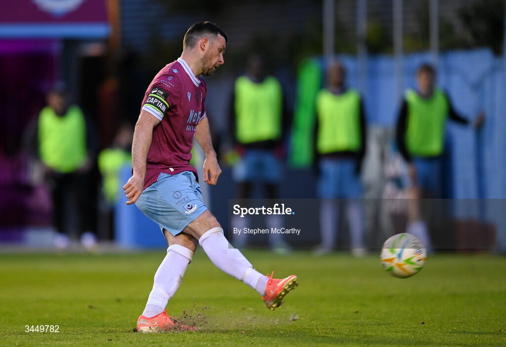 8 May 2026; Ryan Brennan of Drogheda United scores his side's first goal, from a penalty, during the SSE Airtricity Men’s Premier Division match between Drogheda United and Derry City at Sullivan & Lambe Park in Drogheda, Louth. Photo by Stephen McCarthy/Sportsfile