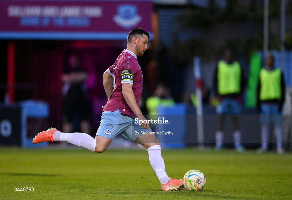 8 May 2026; Ryan Brennan of Drogheda United scores his side's first goal, from a penalty, during the SSE Airtricity Men’s Premier Division match between Drogheda United and Derry City at Sullivan & Lambe Park in Drogheda, Louth. Photo by Stephen McCarthy/Sportsfile