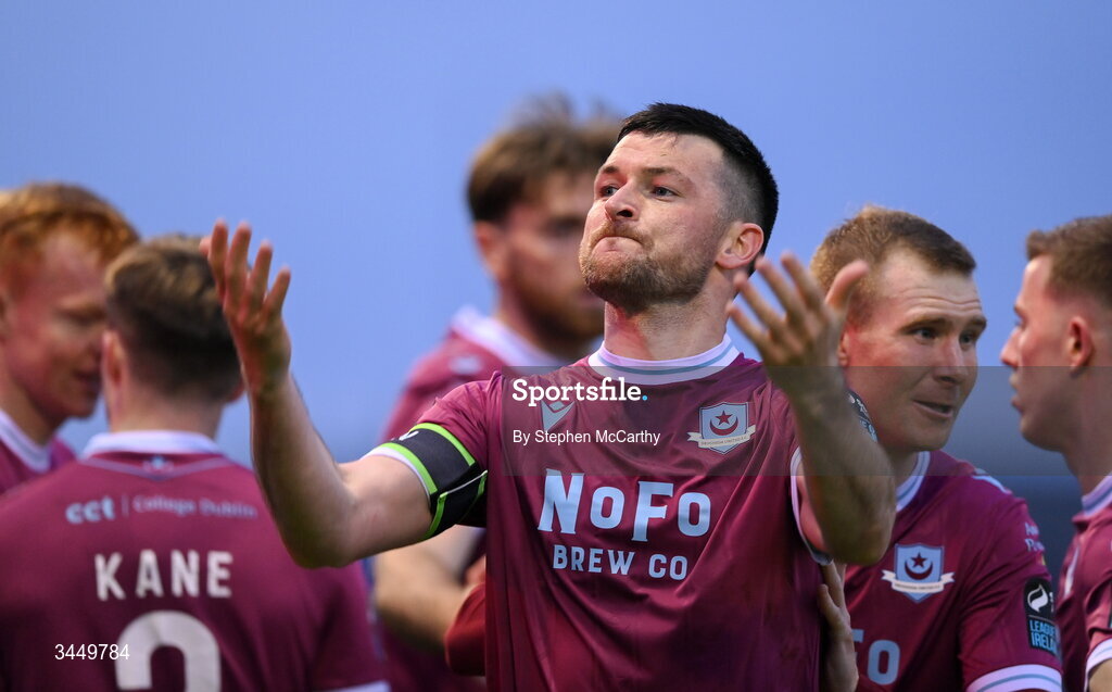 8 May 2026; Ryan Brennan of Drogheda United celebrates after scoring his side's first goal during the SSE Airtricity Men’s Premier Division match between Drogheda United and Derry City at Sullivan & Lambe Park in Drogheda, Louth. Photo by Stephen McCarthy/Sportsfile
