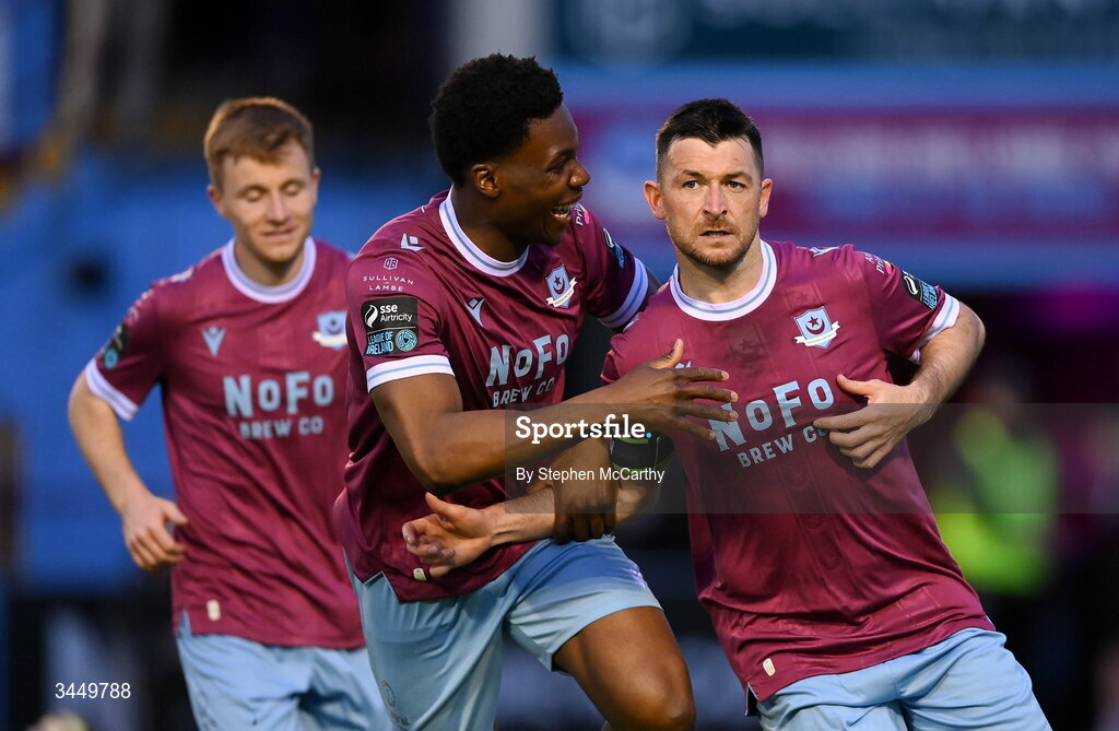 8 May 2026; Ryan Brennan of Drogheda United celebrates with team-mate Edwin Agbaje, left, after scoring his side's first goal during the SSE Airtricity Men’s Premier Division match between Drogheda United and Derry City at Sullivan & Lambe Park in Drogheda, Louth. Photo by Stephen McCarthy/Sportsfile