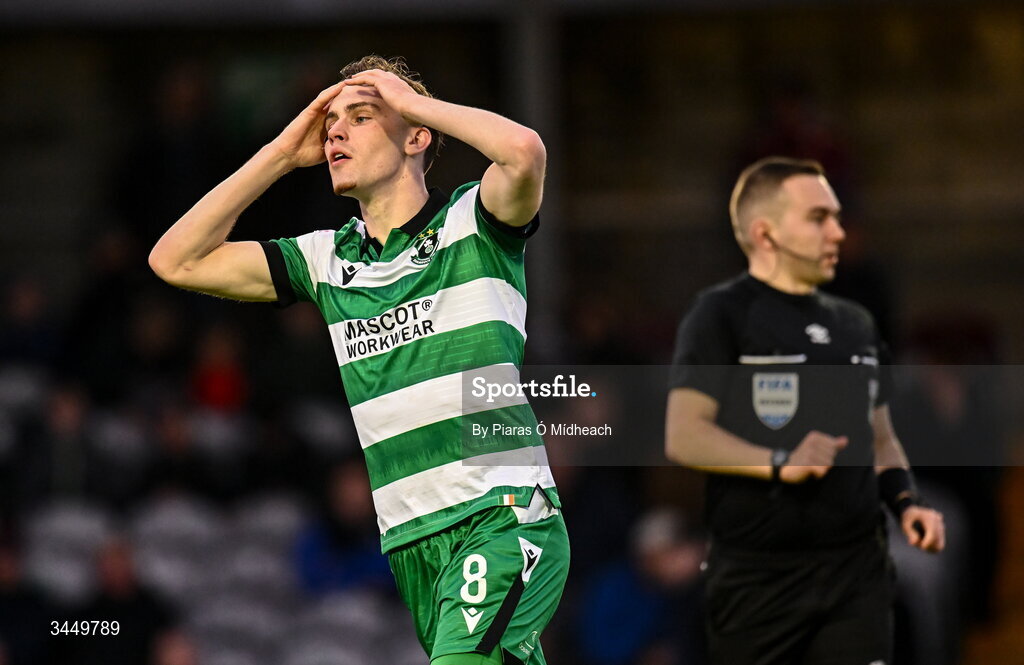 8 May 2026; Matt Healy of Shamrock Rovers reacts after a missed chance during the SSE Airtricity Men’s Premier Division match between Galway United and Shamrock Rovers at Eamonn Deacy Park in Galway. Photo by Piaras Ó Mídheach/Sportsfile