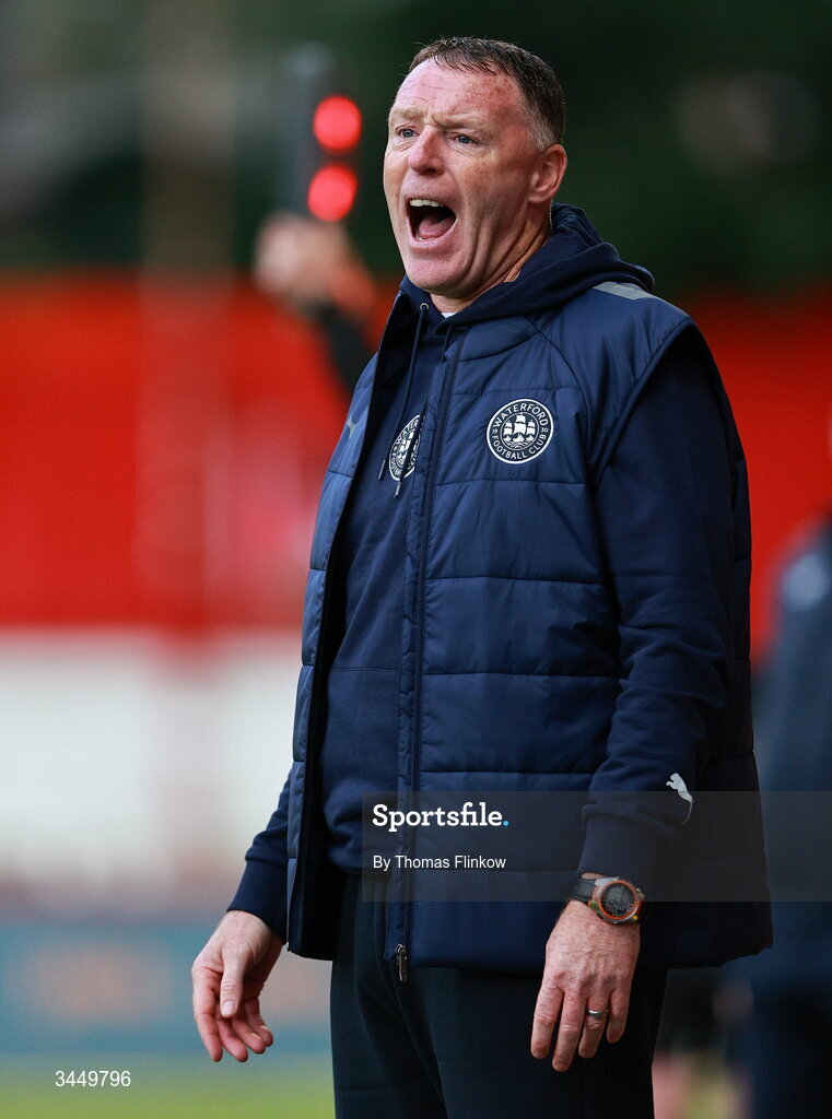 8 May 2026; Waterford manager Graham Coughlan reacts during the SSE Airtricity Men’s Premier Division match between St Patrick's Athletic and Waterford at Richmond Park in Dublin. Photo by Thomas Flinkow/Sportsfile
