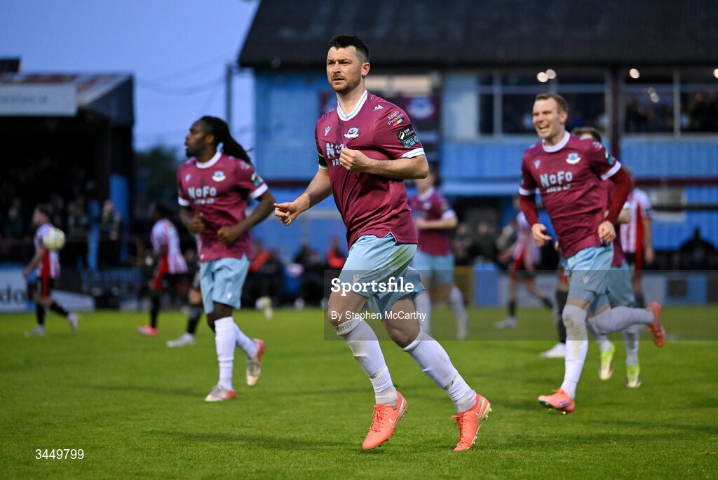 8 May 2026; Ryan Brennan of Drogheda United celebrates after scoring his side's first goal during the SSE Airtricity Men’s Premier Division match between Drogheda United and Derry City at Sullivan & Lambe Park in Drogheda, Louth. Photo by Stephen McCarthy/Sportsfile