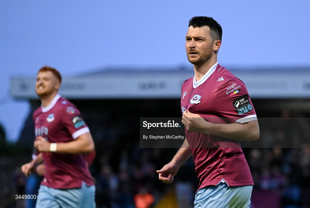 8 May 2026; Ryan Brennan of Drogheda United celebrates after scoring his side's first goal during the SSE Airtricity Men’s Premier Division match between Drogheda United and Derry City at Sullivan & Lambe Park in Drogheda, Louth. Photo by Stephen McCarthy/Sportsfile
