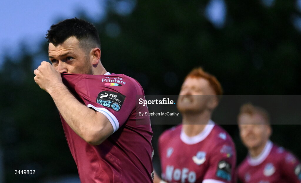 8 May 2026; Ryan Brennan of Drogheda United celebrates after scoring his side's first goal during the SSE Airtricity Men’s Premier Division match between Drogheda United and Derry City at Sullivan & Lambe Park in Drogheda, Louth. Photo by Stephen McCarthy/Sportsfile