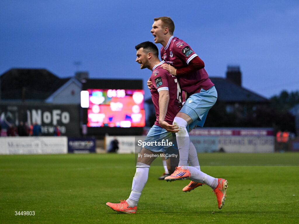 8 May 2026; Ryan Brennan of Drogheda United celebrates with Mark Doyle, right, after scoring his side's first goal during the SSE Airtricity Men’s Premier Division match between Drogheda United and Derry City at Sullivan & Lambe Park in Drogheda, Louth. Photo by Stephen McCarthy/Sportsfile