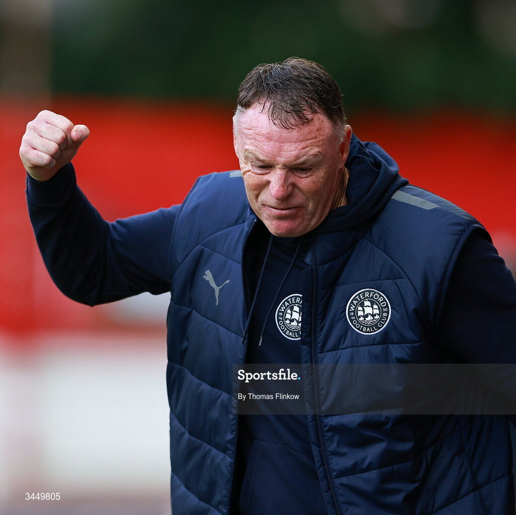 8 May 2026; Waterford manager Graham Coughlan reacts during the SSE Airtricity Men’s Premier Division match between St Patrick's Athletic and Waterford at Richmond Park in Dublin. Photo by Thomas Flinkow/Sportsfile