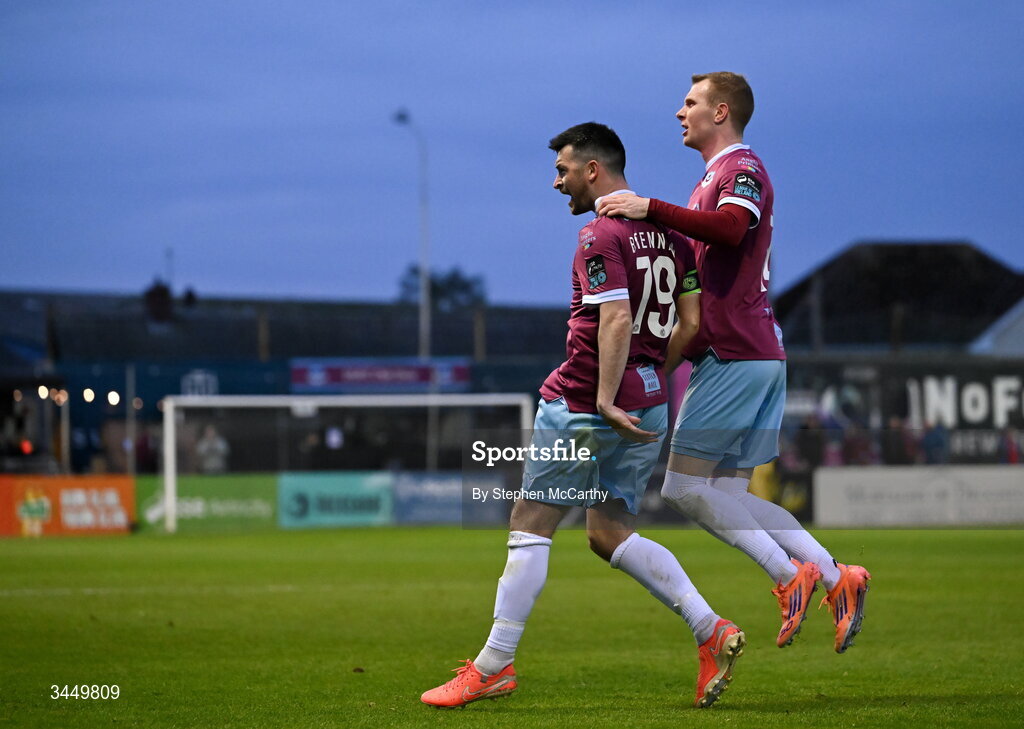 8 May 2026; Ryan Brennan of Drogheda United celebrates with Mark Doyle, right, after scoring his side's first goal during the SSE Airtricity Men’s Premier Division match between Drogheda United and Derry City at Sullivan & Lambe Park in Drogheda, Louth. Photo by Stephen McCarthy/Sportsfile