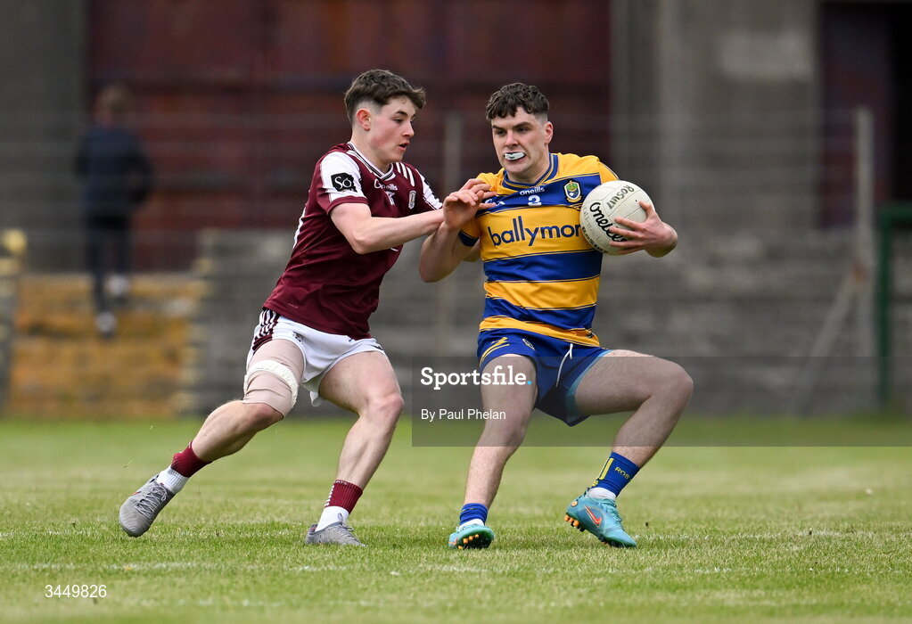 8 May 2026; Conor Tighe of Roscommon is tackled by Adam Healy of Galway during the Electric Ireland Connacht GAA Minor Football Championship final match between Galway and Roscommon at Tuam Stadium in Galway. Photo by Paul Phelan/Sportsfile