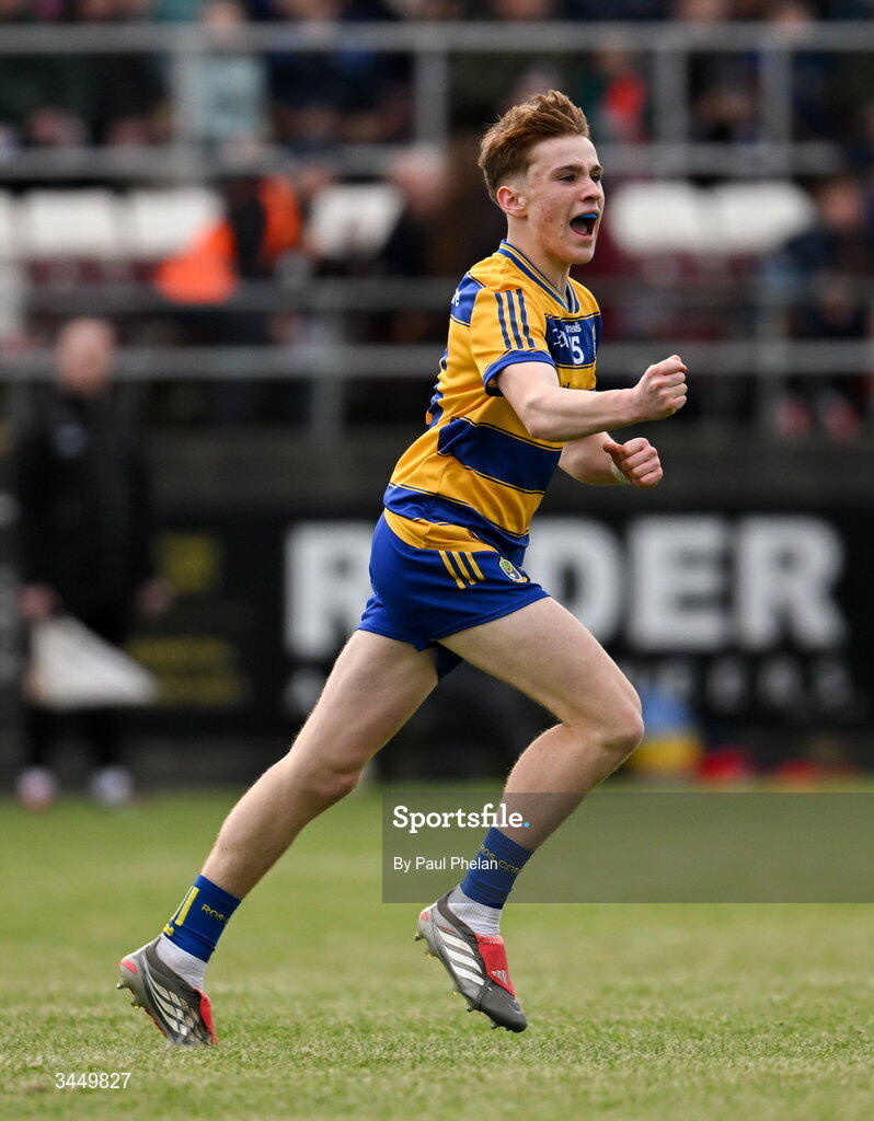 8 May 2026; Joshua Coyne of Roscommon celebrates after scoring his side's second goal during the Electric Ireland Connacht GAA Minor Football Championship final match between Galway and Roscommon at Tuam Stadium in Galway. Photo by Paul Phelan/Sportsfile