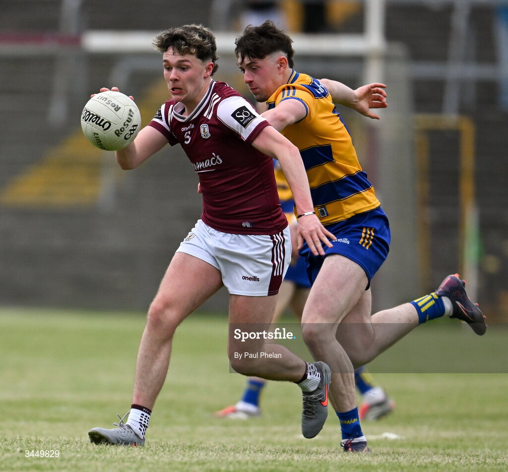 8 May 2026; Ryan Connolly of Galway is tackled by Jayden Jennings of Roscommon during the Electric Ireland Connacht GAA Minor Football Championship final match between Galway and Roscommon at Tuam Stadium in Galway. Photo by Paul Phelan/Sportsfile