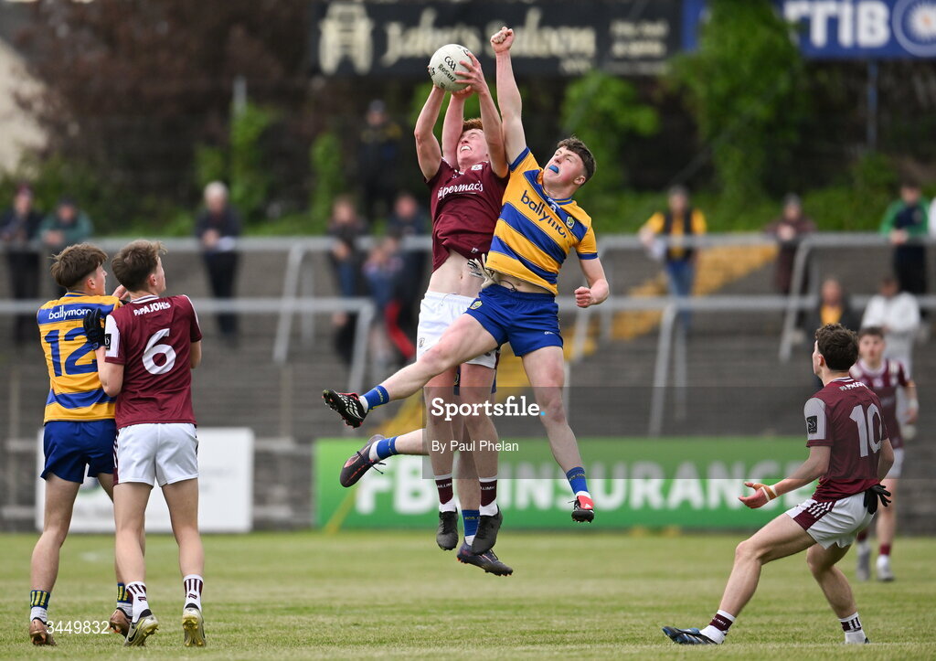8 May 2026; Darragh Kelly of Galway in action against Jack Lally of Roscommon during the Electric Ireland Connacht GAA Minor Football Championship final match between Galway and Roscommon at Tuam Stadium in Galway. Photo by Paul Phelan/Sportsfile