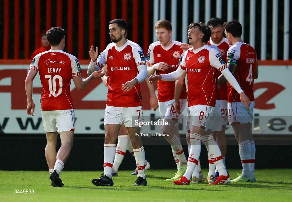 8 May 2026; Zack Elbouzedi of St Patrick's Athletic, 7, celebrates with teammates after scoring his side's second goal during the SSE Airtricity Men’s Premier Division match between St Patrick's Athletic and Waterford at Richmond Park in Dublin. Photo by Thomas Flinkow/Sportsfile