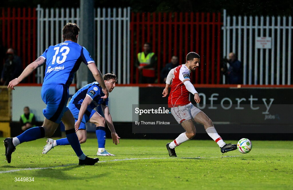 8 May 2026; Zack Elbouzedi of St Patrick's Athletic on his way to scoring his side's second goal during the SSE Airtricity Men’s Premier Division match between St Patrick's Athletic and Waterford at Richmond Park in Dublin. Photo by Thomas Flinkow/Sportsfile