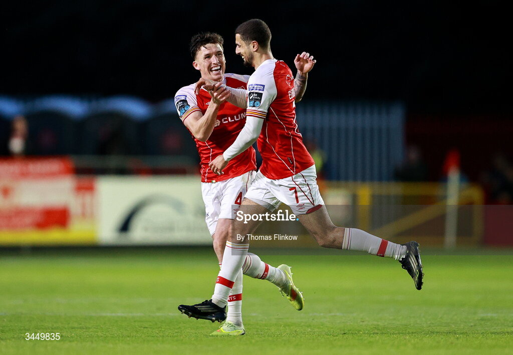 8 May 2026; Zack Elbouzedi of St Patrick's Athletic, front, celebrates with teammate Joe Redmond after scoring his side's third goal during the SSE Airtricity Men’s Premier Division match between St Patrick's Athletic and Waterford at Richmond Park in Dublin. Photo by Thomas Flinkow/Sportsfile