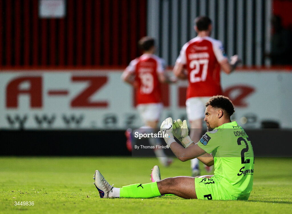 8 May 2026; Waterford goalkeeper Arlo Doherty reacts after conceding a second goal during the SSE Airtricity Men’s Premier Division match between St Patrick's Athletic and Waterford at Richmond Park in Dublin. Photo by Thomas Flinkow/Sportsfile