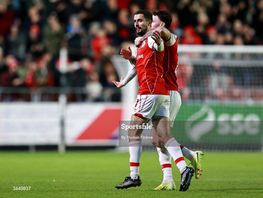 8 May 2026; Zack Elbouzedi of St Patrick's Athletic, front, celebrates with teammate Joe Redmond after scoring his side's third goal during the SSE Airtricity Men’s Premier Division match between St Patrick's Athletic and Waterford at Richmond Park in Dublin. Photo by Thomas Flinkow/Sportsfile