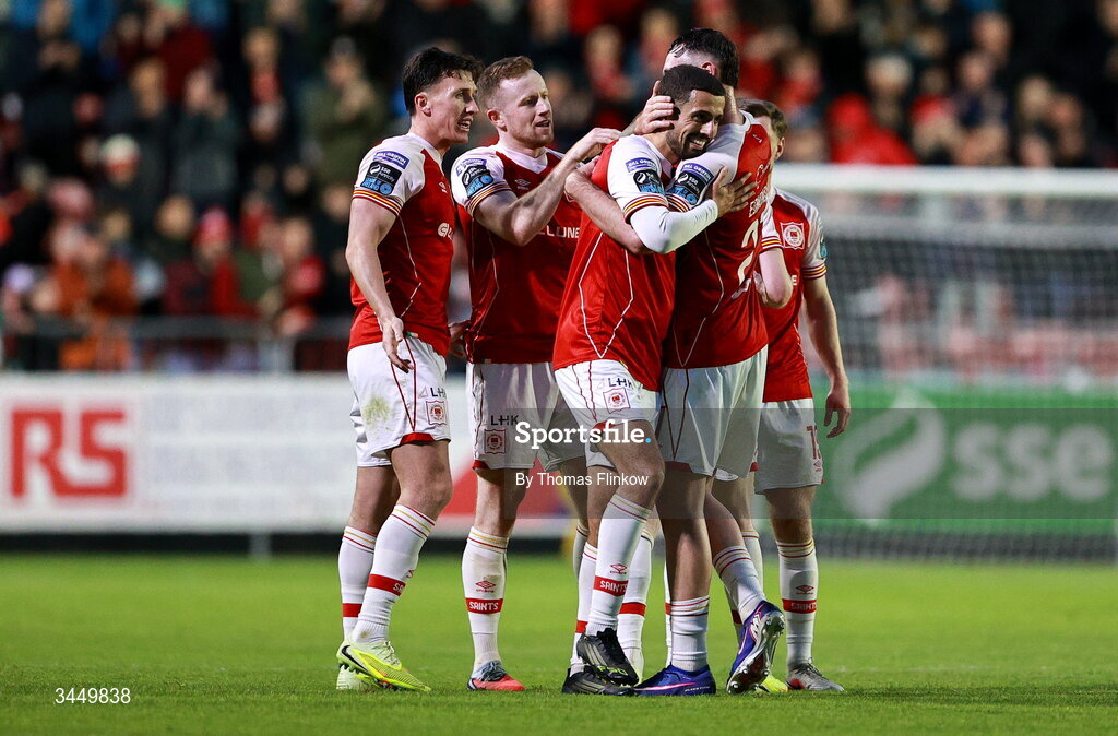 8 May 2026; Zack Elbouzedi of St Patrick's Athletic, front, celebrates with teammates after scoring his side's third goal during the SSE Airtricity Men’s Premier Division match between St Patrick's Athletic and Waterford at Richmond Park in Dublin. Photo by Thomas Flinkow/Sportsfile