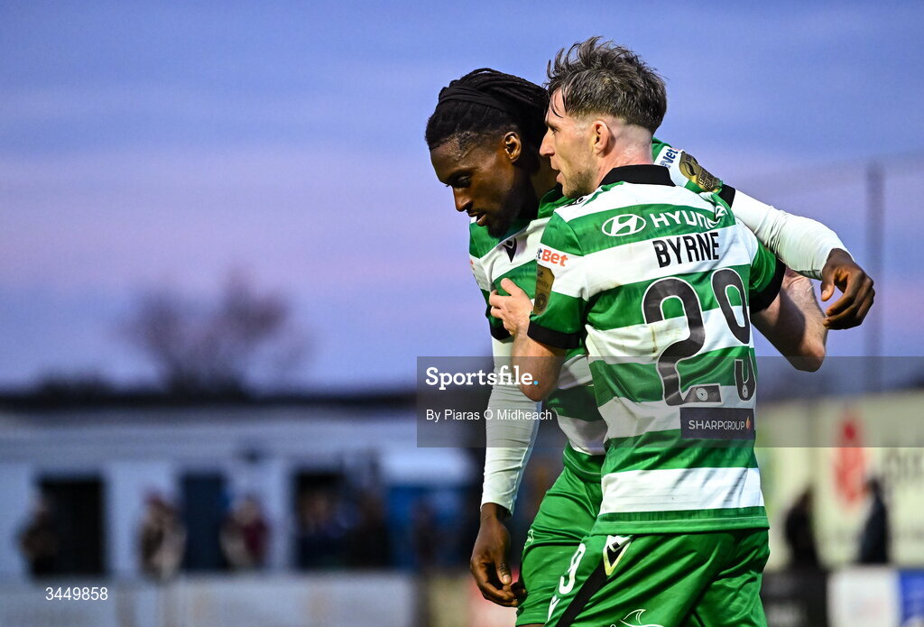 8 May 2026; Tunmise Sobowale of Shamrock Rovers, left, celebrates with team-mate Jack Byrne after scoring their side's third goal during the SSE Airtricity Men’s Premier Division match between Galway United and Shamrock Rovers at Eamonn Deacy Park in Galway. Photo by Piaras Ó Mídheach/Sportsfile