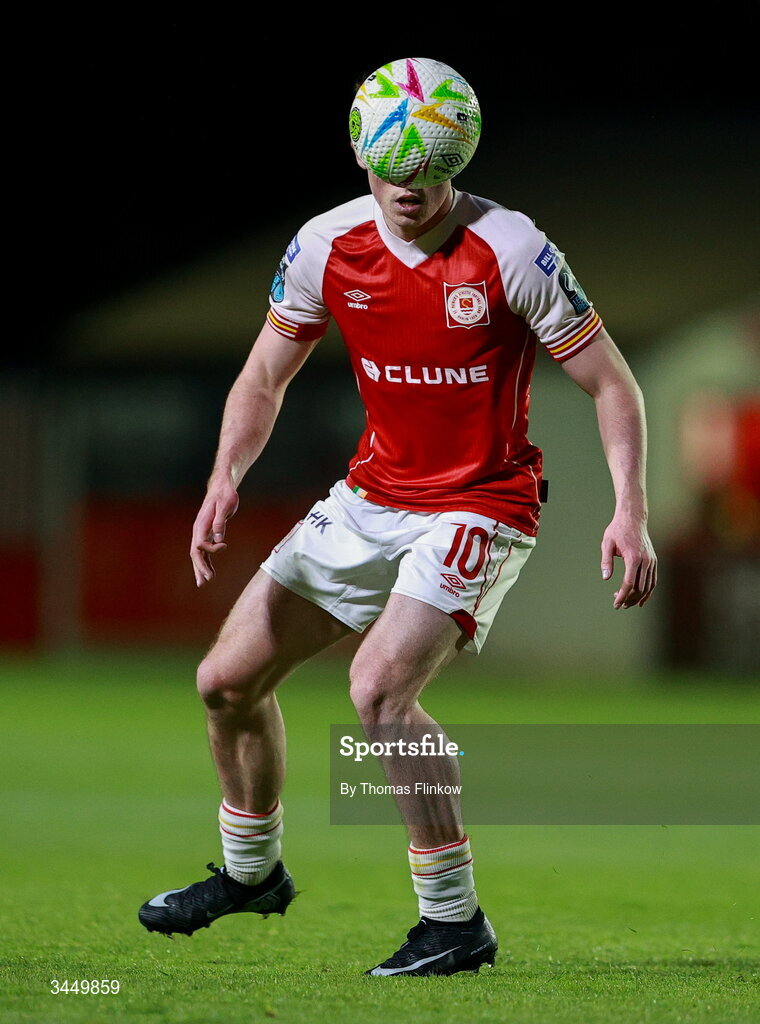 8 May 2026; Kian Leavy of St Patrick's Athletic during the SSE Airtricity Men’s Premier Division match between St Patrick's Athletic and Waterford at Richmond Park in Dublin. Photo by Thomas Flinkow/Sportsfile