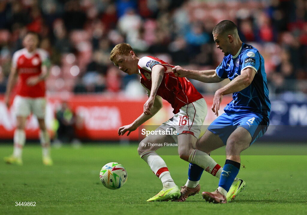 8 May 2026; Darragh Nugent of St Patrick's Athletic in action against William Johnson of Waterford during the SSE Airtricity Men’s Premier Division match between St Patrick's Athletic and Waterford at Richmond Park in Dublin. Photo by Thomas Flinkow/Sportsfile
