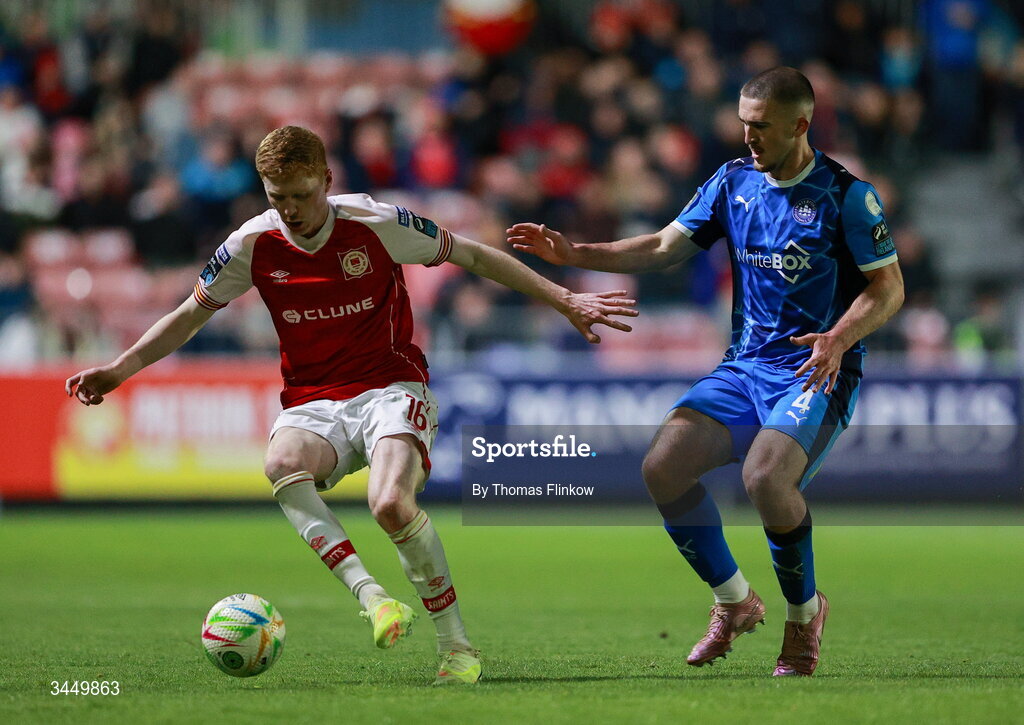 8 May 2026; Darragh Nugent of St Patrick's Athletic in action against William Johnson of Waterford during the SSE Airtricity Men’s Premier Division match between St Patrick's Athletic and Waterford at Richmond Park in Dublin. Photo by Thomas Flinkow/Sportsfile