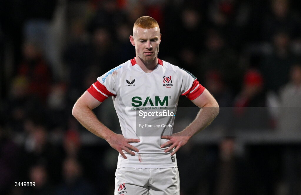 8 May 2026; Nathan Doak of Ulster reacts following the United Rugby Championship match between Ulster and DHL Stormers at Affidea Stadium in Belfast. Photo by Ramsey Cardy/Sportsfile