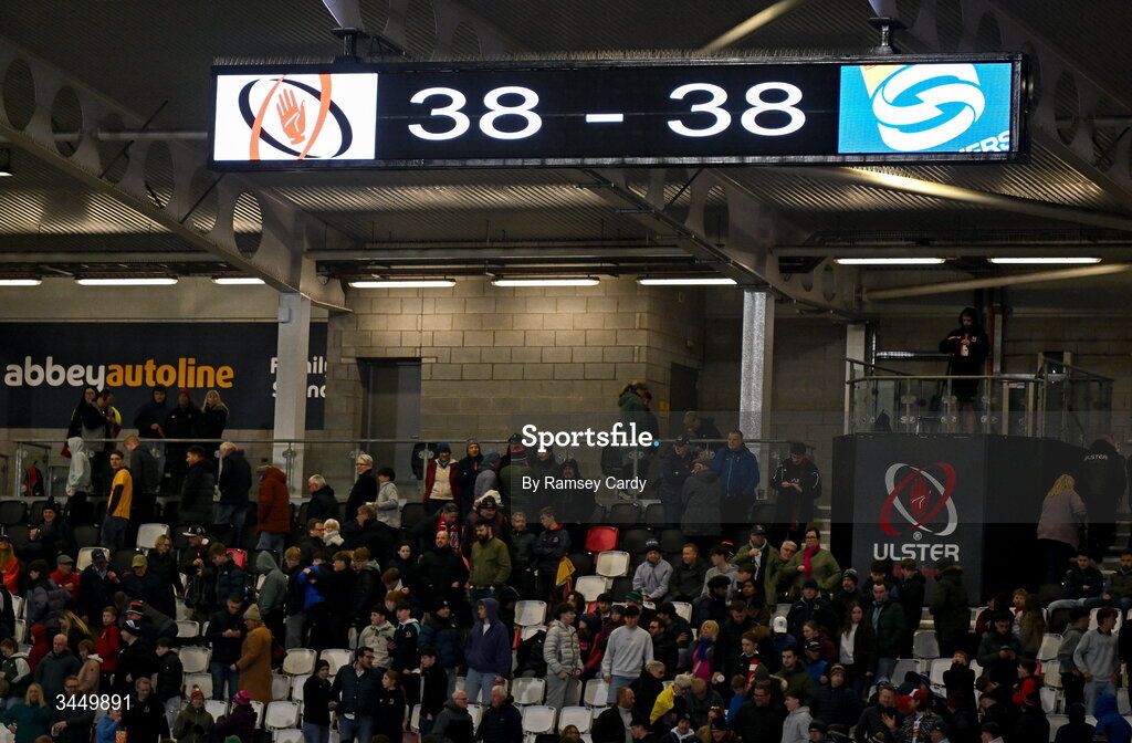8 May 2026; A general view of the final scoreboard in the United Rugby Championship match between Ulster and DHL Stormers at Affidea Stadium in Belfast. Photo by Ramsey Cardy/Sportsfile