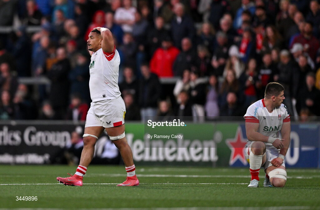 8 May 2026; Juarno Augustus, left, and Nick Timoney of Ulster during the United Rugby Championship match between Ulster and DHL Stormers at Affidea Stadium in Belfast. Photo by Ramsey Cardy/Sportsfile