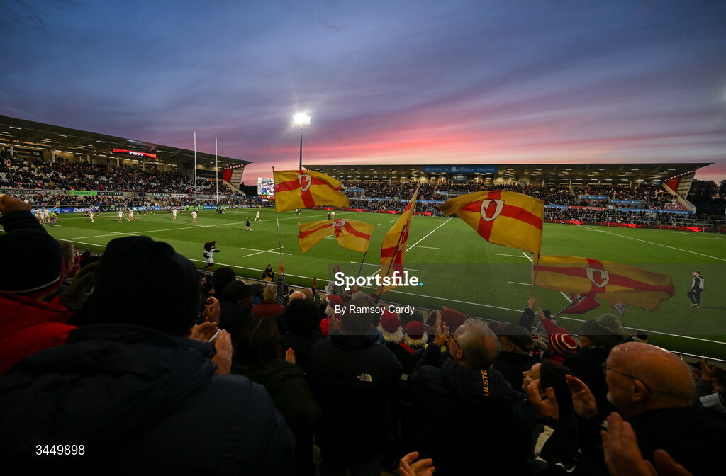 8 May 2026; Ulster supporters celebrate a try by Werner Kok during the United Rugby Championship match between Ulster and DHL Stormers at Affidea Stadium in Belfast. Photo by Ramsey Cardy/Sportsfile