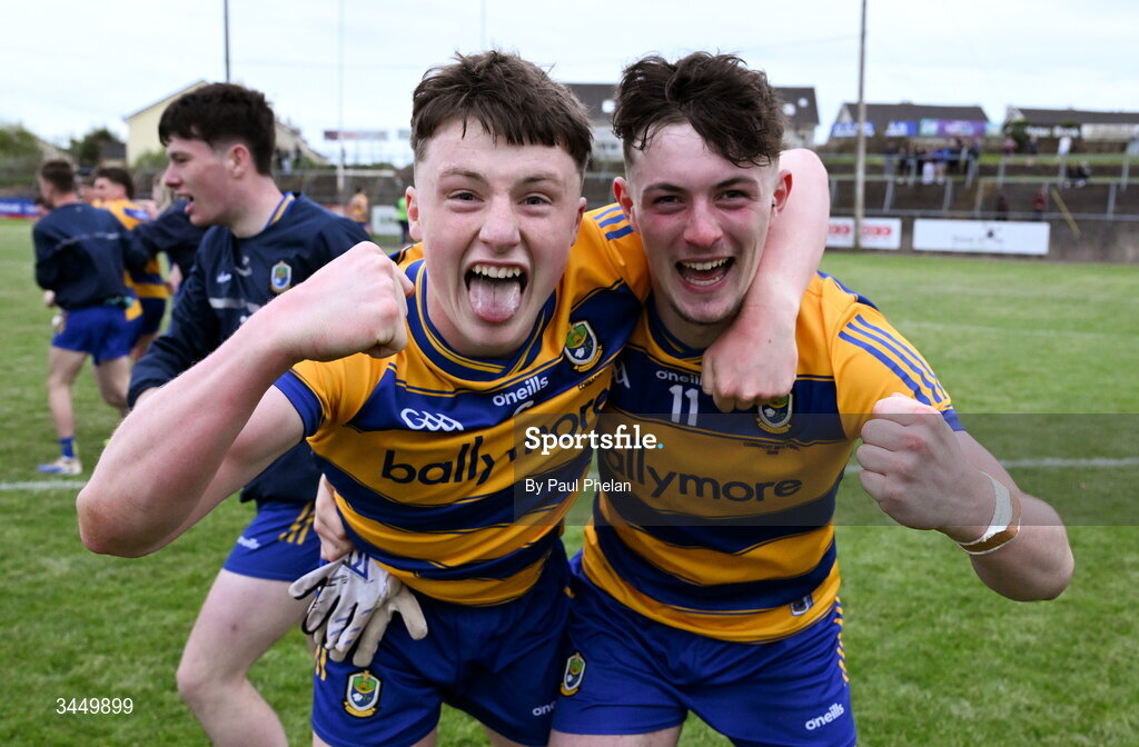 8 May 2026; Jack Lally and Jayden Jennings of Roscommon celebrate after winning the Electric Ireland Connacht GAA Minor Football Championship final match between Galway and Roscommon at Tuam Stadium in Galway. Photo by Paul Phelan/Sportsfile