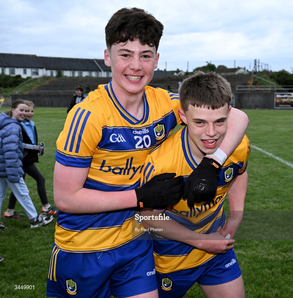 8 May 2026; James O'Brien and Cathal Nerney of Roscommon celebrate after winning the Electric Ireland Connacht GAA Minor Football Championship final match between Galway and Roscommon at Tuam Stadium in Galway. Photo by Paul Phelan/Sportsfile