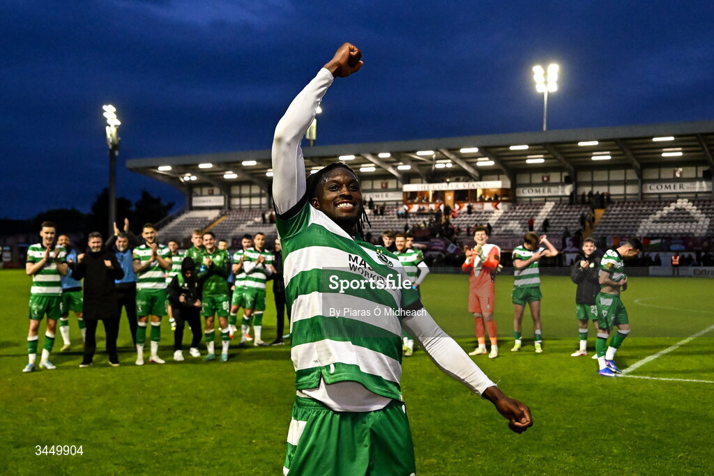 8 May 2026; Tunmise Sobowale of Shamrock Rovers celebrates after the SSE Airtricity Men’s Premier Division match between Galway United and Shamrock Rovers at Eamonn Deacy Park in Galway. Photo by Piaras Ó Mídheach/Sportsfile