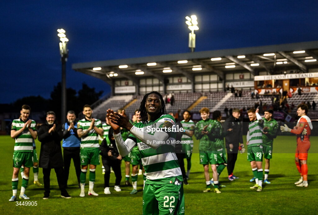 8 May 2026; Tunmise Sobowale of Shamrock Rovers celebrates after the SSE Airtricity Men’s Premier Division match between Galway United and Shamrock Rovers at Eamonn Deacy Park in Galway. Photo by Piaras Ó Mídheach/Sportsfile