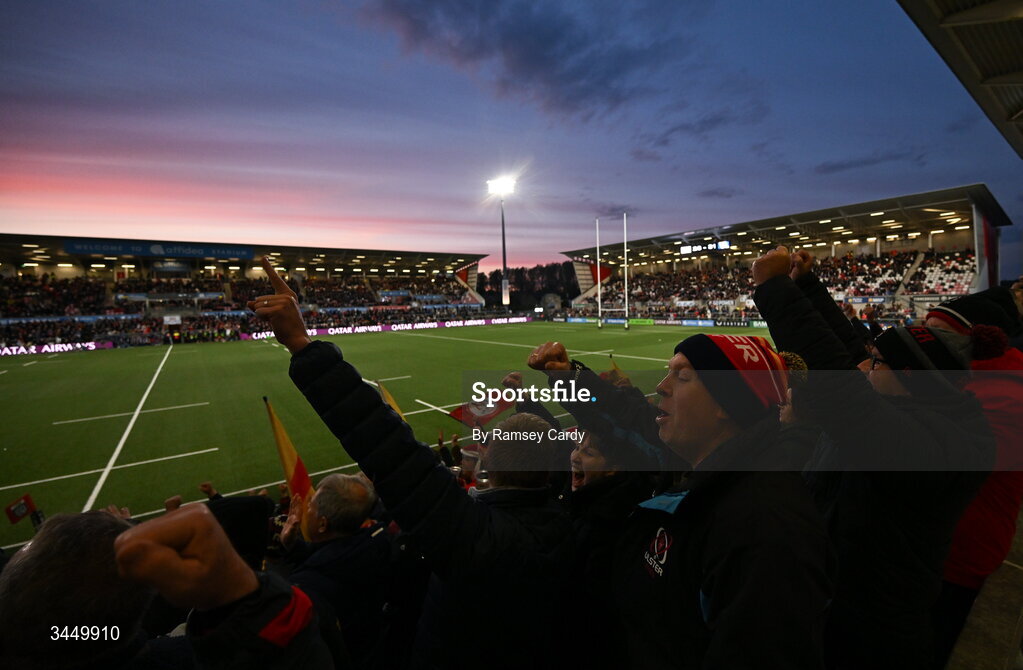 8 May 2026; Ulster supporters celebrate a try by Werner Kok during the United Rugby Championship match between Ulster and DHL Stormers at Affidea Stadium in Belfast. Photo by Ramsey Cardy/Sportsfile