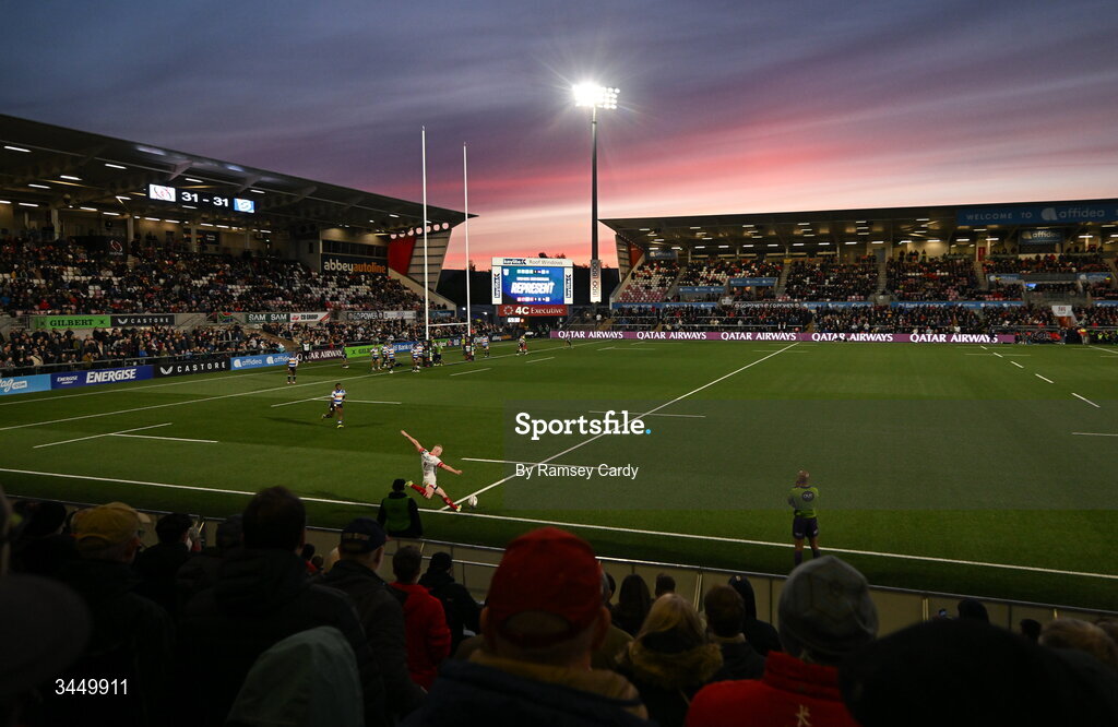 8 May 2026; Nathan Doak of Ulster kicks a conversion during the United Rugby Championship match between Ulster and DHL Stormers at Affidea Stadium in Belfast. Photo by Ramsey Cardy/Sportsfile