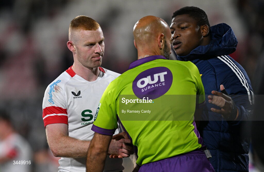 8 May 2026; Nathan Doak of Ulster shakes hands with referee Andrea Piardi after the United Rugby Championship match between Ulster and DHL Stormers at Affidea Stadium in Belfast. Photo by Ramsey Cardy/Sportsfile